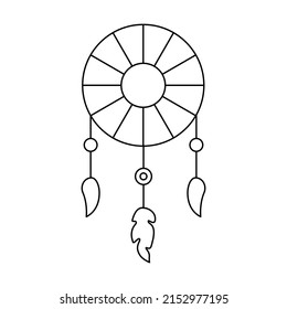 Bohemian dreamcatcher line logo. Boho emblem with feather. Elegant minimal badge for company branding. Customizable contour symbol. Editable stroke. Isolated vector stock illustration