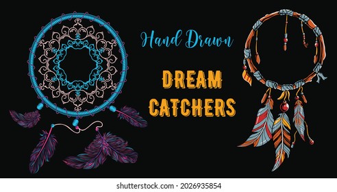 Bohemian dreamcatcher Watercolor decoration. Boho feathers decoration. Native dream. Mystery ethnic tribal print. American culture design. Hand drawn vector illustration