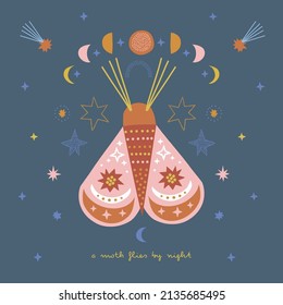 Bohemian dreamlike moth in starry sky with moon phases and fallen stars vector illustration. Scandinavian decorative day and night butterfly poster with phrase for nursery decor.