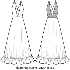 Bohemian Dress, back crossover strap flared dress with frill hem,  Bridal Dress,  Front and Back View. Fashion Illustration, Vector, CAD, Technical Drawing, Flat Drawing.	 svg