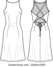 Bohemian Dress, Crisscross Back Spaghetti Straps Sleeveless dress Front and Back View. Fashion Illustration, Vector, CAD, Technical Drawing, Flat Drawing, Template, Mockup.