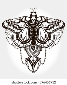 Bohemian elegant hand-draw work butterfly. Mystical symbol of freedom, astrology, alchemy, boho style, posters, t-shirts, textiles,nature. Isolated vector illustration.