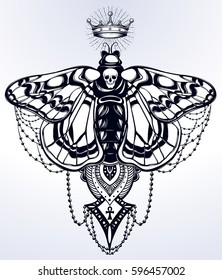 Bohemian elegant hand-draw work butterfly. Mystical symbol of freedom, astrology, alchemy, boho style, posters, t-shirts, textiles,nature. Isolated vector illustration.