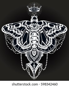 Bohemian elegant hand-draw work butterfly. Mystical symbol of freedom, astrology, alchemy, boho style, posters, t-shirts, textiles, nature. Isolated vector illustration.