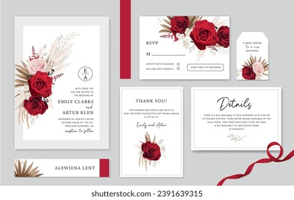 Bohemian, elegant wedding cards set. Red, pink roses, dry palm, pampas grass, white leaves branch bouquet decoration. Editable, watercolor style vector illustration, white background. Winter party set