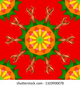 Bohemian element, indian henna design, retro circle ornament on red, orange and green. Mandala colored, tribal vintage background with a medallion. Pattern with abstract art flower for Tibetan yoga.