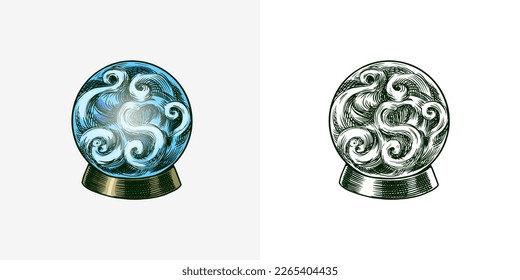 Bohemian esoteric magic ball sketch. Vintage engraving Mystical occult element in boho style. Doodle outline. Hand drawing. Vector illustration.