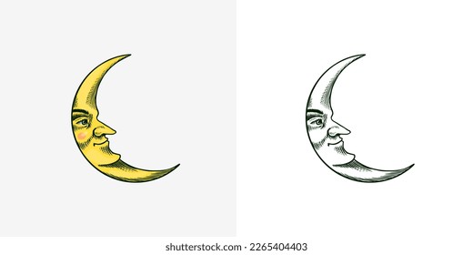 Bohemian esoteric sketch. Crescent moon with a face. Vintage engraving sketch for tattoo, tarot or astrology stickers. Mystical element in boho style. Doodle outline. Hand drawing. 