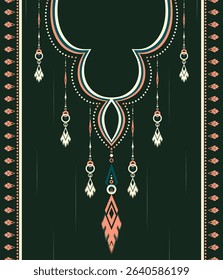 Bohemian ethnic collar design featuring tribal ornaments in Midnight Pine, Desert Coral, and Cream. Ideal for textiles, fashion prints, and cultural crafts.