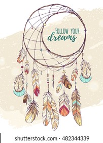 bohemian ethnic dream catcher with feathers and decor; colorful american Indian hand drawn vector illustration in sketch style; boho chic, hipster design