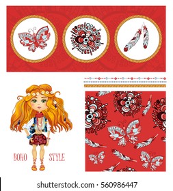 Bohemian fashion girl, boho style. Gypsy girl with gold hair. Vector abstract seamless red pattern with butterflies, feathers. Boho style elements.