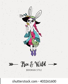 Bohemian fashion girl , bunny, rabbit, boho style