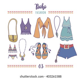 Bohemian fashion style set, boho and gypsy clothes illustration