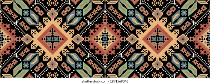 Bohemian, fashionable seamless ornament in ethnic Hutsul style. In modern trendy shades. Perfect for the design of fabrics, clothing, interiors.
