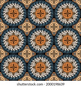 Bohemian, fashionable seamless ornament in ethnic style. In modern trendy shades. Perfect for the design of fabrics, clothing, interiors.