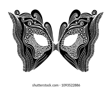 Bohemian Festive Masks. Decorative Vector mask silhouette for adult coloring pages, fashion print, hand drawn ethnic patterned t-shirt print. Boho chic style. Doodle Illustration