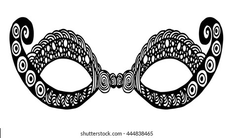 Bohemian Festive Masks. Decorative Vector mask silhouette for adult coloring pages, fashion print, hand drawn ethnic patterned t-shirt print. Boho chic style. Doodle Illustration,