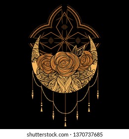 Bohemian flash tattoo with moon and roses. Dreamcatcher concept.