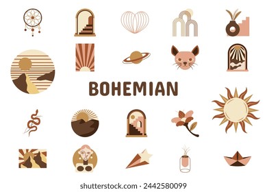 Bohemian Flat Vector Illustration Icon Sticker Set Design Materials