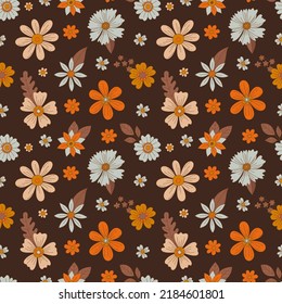 Bohemian floral autumn background in retro style. Abstract autumn flowers and leaves on a dark brown background. Vector seamless pattern with flowers in boho style.