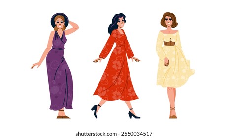 bohemian floral dress woman  vector.  chic trendy, feminine vibrant, colorful garden bohemian floral dress woman character. people flat cartoon illustration