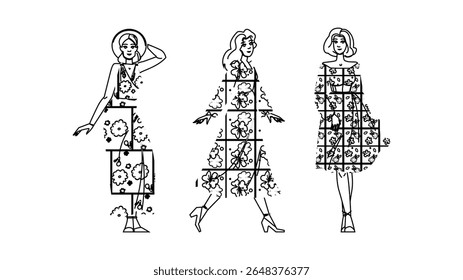 vetor de mulher vestido floral boêmio chique na moda, feminino vibrante, colorido jardim boêmio vestido floral personagem de mulher. pessoas linha preta lápis desenho ilustração