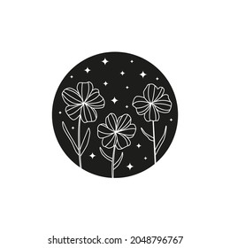 Bohemian floral full moon with line flowers and stars isolated on white background. Witchy luna. Alchemy esoteric magic talisman. Mystical boho symbol.