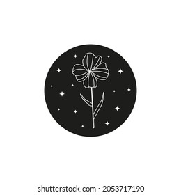 Bohemian floral full moon with line flower and stars isolated on white background. Witchy luna. Alchemy esoteric magic talisman. Mystical boho symbol.