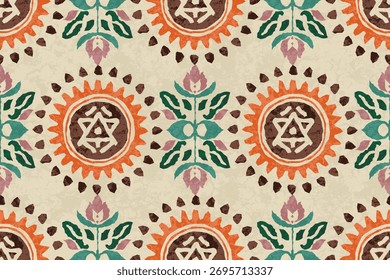 Bohemian Floral Geometric Seamless Pattern in Earth Tones. Features hand-drawn sunbursts and floral motifs with ethnic tribal elements. Perfect for fabric, wallpaper, textile design, wrapping paper