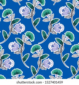 Bohemian Floral, monotone green and  violet  Seamless Vector Pattern, Hand drawn Folk Style  Illustration ,Design for Fashion,  fabric, Prints, Wallpaper, wrapping, and all prints on eletricblue 