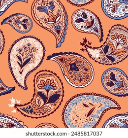 Bohemian floral paisley seamless repeat pattern. Random placed, vector folklore elements aop all over surface print on orange background.