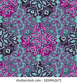 Bohemian floral seamless pattern in bright summer positive colors. Mandala medallion fluid leaves ornament. Tropical floral seamless pattern. Doodle blossom design. Oriental motifs.