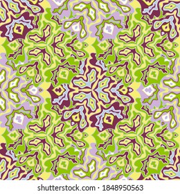 Patrón floral bohemio sin fisuras en colores positivos de verano brillantes. El medallón de Mandala deja ornamento de fluidos. Patrón exótico floral sin soldadura. Diseño de mosaicos psicodélicos. Motivos tribales.