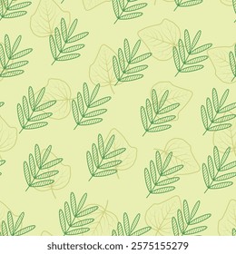 Bohemian floral seamless pattern. Foliage surface design of boho leaves. Allover print composite overlay leafy texture on yellowish green color background.  