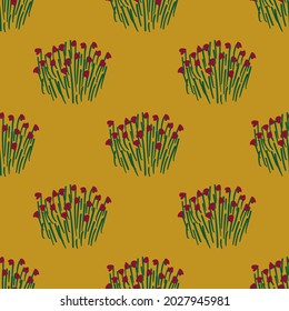 Bohemian floral seamless pattern. Rustic wildflowers wallpaper on a deep yellow background.