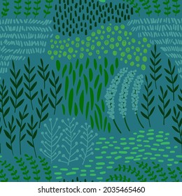 Bohemian floral seamless pattern. Rustic wildflowers wallpaper on a deep blue background.