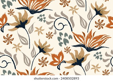 Bohemian Floral wallpaper pattern seamless paisley embroidery on white background. Ikat flower motif ethnic oriental traditional. Aztec style abstract vector illustration 