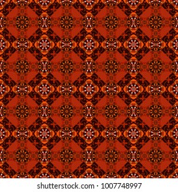 Bohemian flower mandala in red, orange and brown colors. Vector colorful background. Seamless pattern with natural mandala flat lay, zen, yoga, meditation, still life mandala.