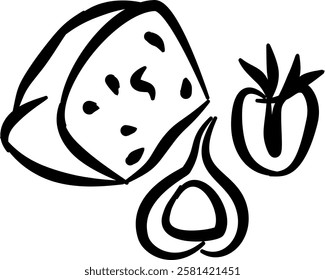 Bohemian food and drinks. Hand drawn vector isolated doodle. Cheese strawberry figue 