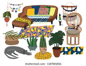 Bohemian furniture. Colored vector set. All elements are isolated