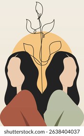 Bohemian Girl with Abstract Botanical Line Art and Sun


