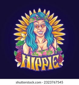 Bohemian girl with joyful smile hippie style illustrations vector illustrations for your work logo, merchandise t-shirt, stickers and label designs, poster, greeting cards advertising business 