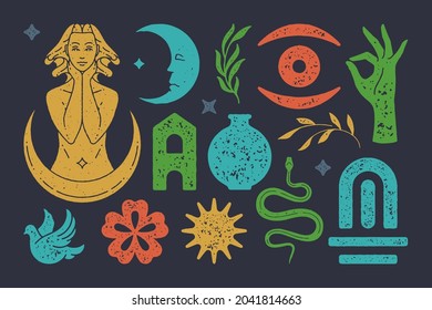 Bohemian goddess with crescent surrounded stars. Mystical eye with snake and magical gate. Flying dove and hand with symbol approval. Sacred plants and flower. Vector esoteric symbols