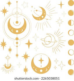Bohemian Gold Crescent Moon with Stars and Rays Astrology Illustrations. Moon Phases SVG Vector Clipart. Celestial, Mystical, Esoteric designs perfect for Printing. T-shirt, Mugs, Cut Boards Cut File  svg