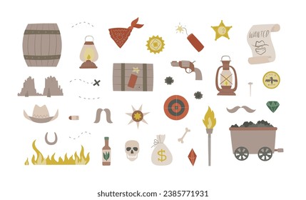 Böhmische Goldrush-Elemente-Set. Wildwestlandschaft, Feuer, Dynamit, Lampe.