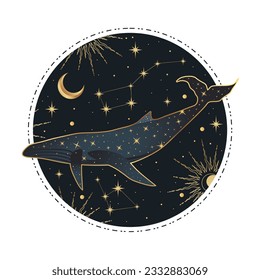 Ilustración bohemiana de ballena dorada. Boho, ballena celestial y mágica.