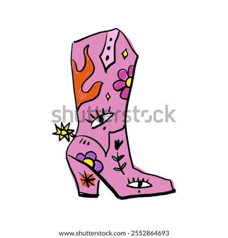 Bohemian groovy postmodern funky barbiecore pink cowgirl patterned boot, funky groovy hippie cowboy concept fashion shoes. Vector illustration clipart isolated glamour boot on background 