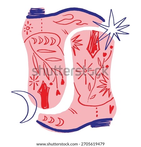 Bohemian groovy postmodern funky barbiecore cowgirl patterned boot and hat, funky groovy hippie cowboy concept fashion shoes lettering. Vector illustration clip-art isolated glamour boot on pink