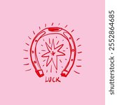 Bohemian groovy postmodern funky pink lucky horseshoe lettering label, boho hippie sketch hand-drawn illustration. Digital sticker, wild west cartoon doodles, tribal bohemian vintage retro style decor
