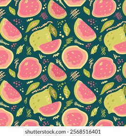 Bohemian Guava pattern in flat style. Tropical, delicious fruit seamless pattern. Vector background. Summer freshness for health. For background, fabric, juice, ice cream or packaging.